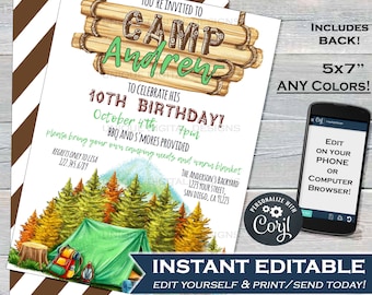 Camping Birthday Invitation, Editable Glamping Invitation, Backyard Bonfire Invite, Campfire Camping Smores Fall Party, INSTANT ACCESS 5x7