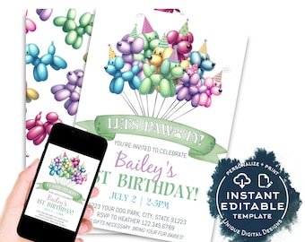Let's Paw-ty Invitation, Editable Dog Birthday Invite, Puppy Pawty Calling All Party Animals, Dog Park Party, Fur Baby Balloons woof INSTANT