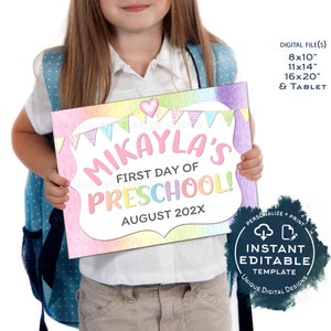 Editable First Day of Preschool Sign, Rainbow Back to School Photo Prop, 1st Day Poster Personalized School Sign Digital Tablet 8x10 INSTANT