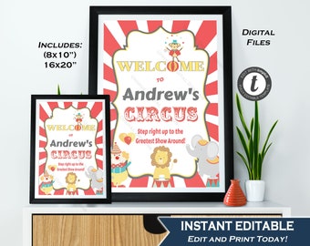 Circus Welcome Sign, Editable Carnival Birthday Decorations, Circus Birthday Welcome Board, Printable Template, INSTANT ACCESS 16x20 8x10