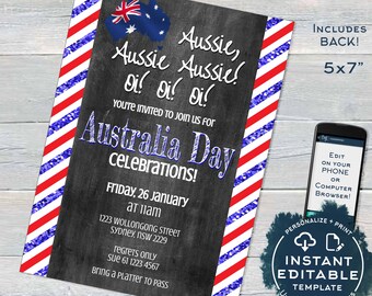 Australia Day Invitation, Editable Aussie Invite Aussie Oi 26 January Flag Summer Party, Chalkboard Personalized bbq INSTANT ACCESS 5x7 A4