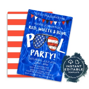 Editable Pool Party Invitation, 4th of July Red White Blue Summer Pool ...