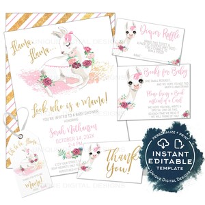 Editable Llama Baby Shower Invitation Kit, Llama Llama Mama Baby Girl Floral Watercolor, Personalized Baby Sprinkle Printable INSTANT ACCESS