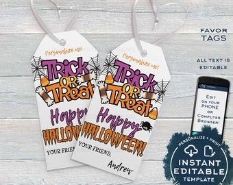 Editable Halloween Tags Printable, Trick or Treat Personalized Halloween Favor Tags, Boo Bag Thank You Gift Tag for kids, diy INSTANT ACCESS