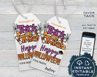 May include: Two white Halloween favor tags with the words "Trick or Treat" and "Happy Halloween!" in purple and orange. The tags have a spider web design and a ribbon for hanging. The text "Personalize me!" is at the top.