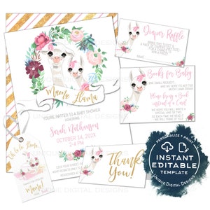 Editable Mama Llama Baby Shower Invitation Kit, Llama Llama Baby Girl Floral Watercolor, Personalized Baby Sprinkle Printable INSTANT ACCESS