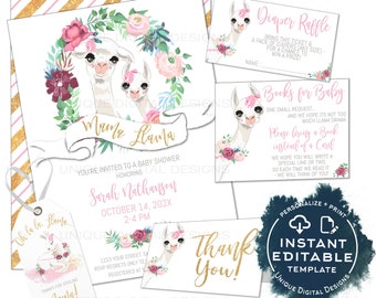 Editable Mama Llama Baby Shower Invitation Kit, Llama Llama Baby Girl Floral Watercolor, Personalized Baby Sprinkle Printable INSTANT ACCESS