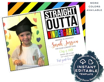 Biglietto di annuncio di diploma "Straight Outta Kindergarten", modificabile, per annunciare che le bambine passano alla prima elementare con foto, "Straight Out of School" IMMEDIATO