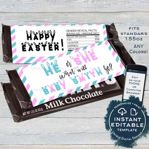 He or She Gender Reveal Candy Bar Wrapper, Editable Chocolate Bar, Easter Baby Shower decoration Custom Printable INSTANT ACCESS 1.55oz