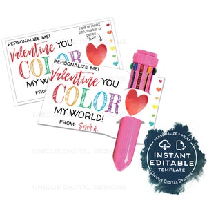 Etiquetas de regalo de San Valentín, editables, colorea mi mundo, tarjeta de San Valentín con bolígrafo Shuttle, recuerdo imprimible para niños, clase, escuela, maestro, sin dulces, al instante