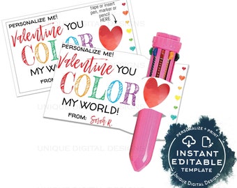 Valentine's Gift Tags, Editable You Color My World, Shuttle Pen Valentine Card,  Non Candy Kids Class School Teacher Printable Favor INSTANT