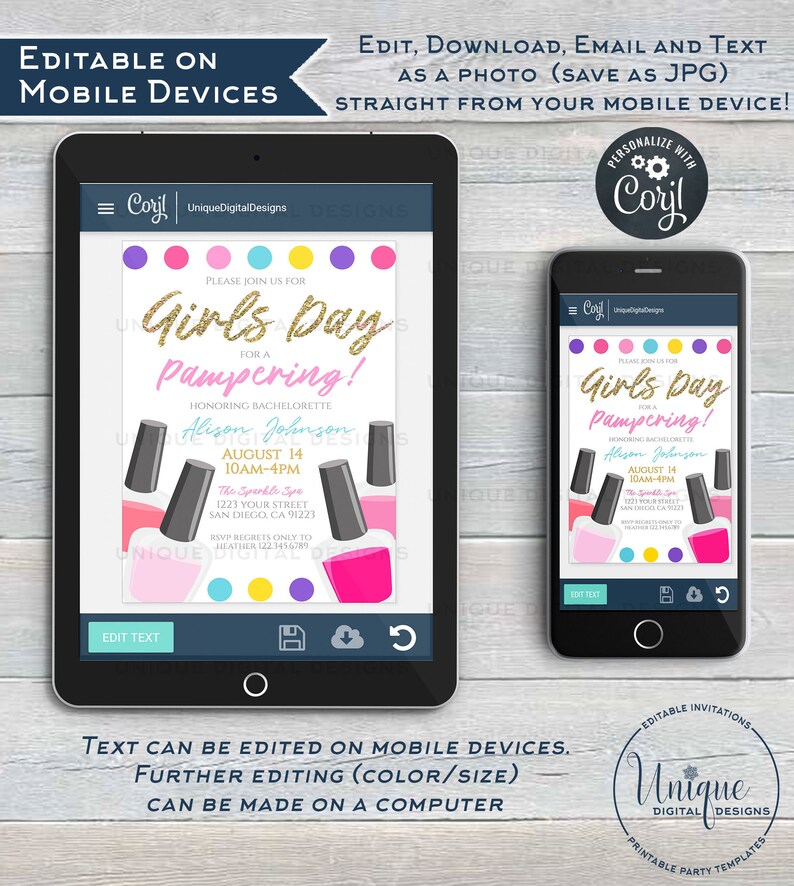 May include: A digital invitation for a girls' day pampering party. The invitation features a gold glitter design with the text "Girls Day Pampering!" and a graphic of nail polish bottles. The invitation is customizable and can be edited on a mobile device or computer.