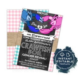 Crawfish Boil Gender Reveal Invitation, Editable Boy or Girl Baby Shower Invite, Pink Blue He or She Lobster Bake Printable INSTANT ACCESS