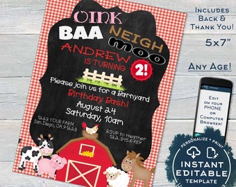 May include: A red and white gingham background with a chalkboard style invitation for a farmyard themed birthday party. The invitation says "Oink BAA NEIGH moo Andrew is turning 2!" and includes details about the party, including the date, time, and location. The invitation also includes a red barn with a white cross, a cow, a pig, a chicken, a sheep, and a horse.