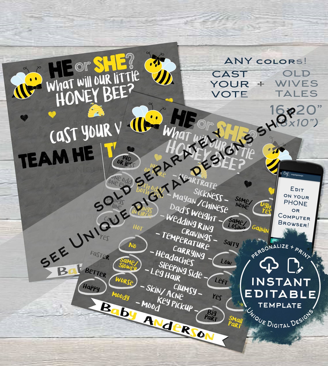 Editable What Will Baby Bee Gender Reveal Invitation, Honey Bee He or ...