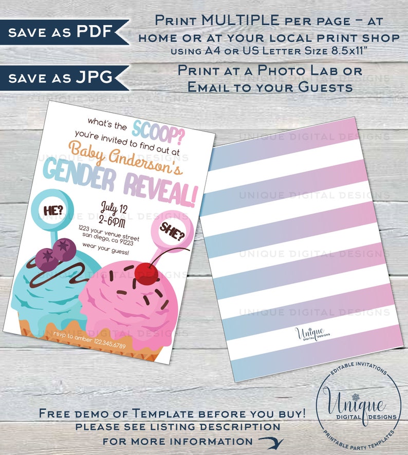 Editable Whats the Scoop Gender Reveal Invite Will Baby be He or She Printable Template INSTANT ACCESS Ice Cream Gender Reveal Invitation