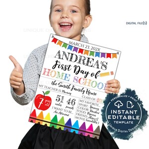 Letrero editable para el primer día de clases en casa, póster virtual para el primer día de clases en casa, pizarra personalizada para accesorios fotográficos de regreso a clases UTCR INSTANTÁNEO
