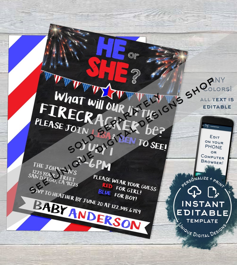 Editable 4th of July Firecracker Baby Shower July 4th bbq Printable INSTANT ACCESS Red White and Due Firecracker Gender Reveal Invitation