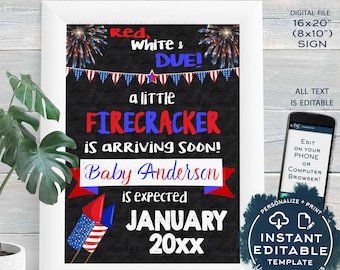 4th of July Pregnancy Announcement Sign, Firecracker Theme, July 4th Baby Announcement, Printable Chalkboard Template INSTANT EDITABLE 16x20