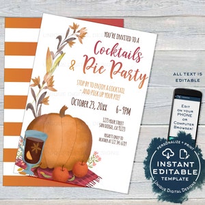 Pie Party Invite, Editable Cocktails and Pie Party Invite, Fall Party Invitation, Customer Appreciation Pumpkin Pie Printable INSTANT ACCESS image 2