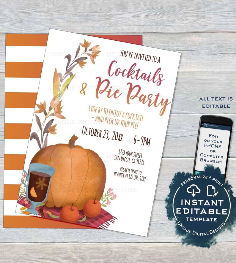 Pie Party Invite, Editable Cocktails and Pie Party Invite, Fall Party Invitation, Customer Appreciation Pumpkin Pie Printable INSTANT ACCESS 5x7 inches