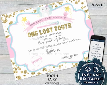 Editable Tooth Fairy Letter, Lost Tooth Certificate, Custom Tooth Fairy Receipt Clean Teeth Certified Personalize Printable INSTANT ACCESS