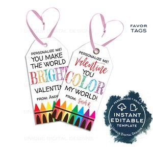 Étiquettes cadeaux pour la Saint-Valentin au crayon, modifiables, vous colorez mon monde carte de la Saint-Valentin sans bonbons, faveur imprimable du personnel de la classe des enfants