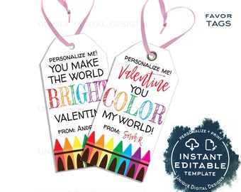 Valentine's Crayon Gift Tags, Editable You Color My World Non Candy Valentine Card, Kids Class School Teacher Staff Printable Favor INSTANT