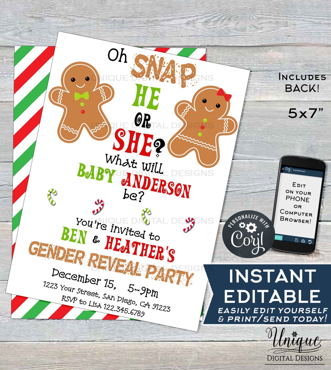 Christmas Gender Reveal Invitation, Editable Christmas Gingerbread