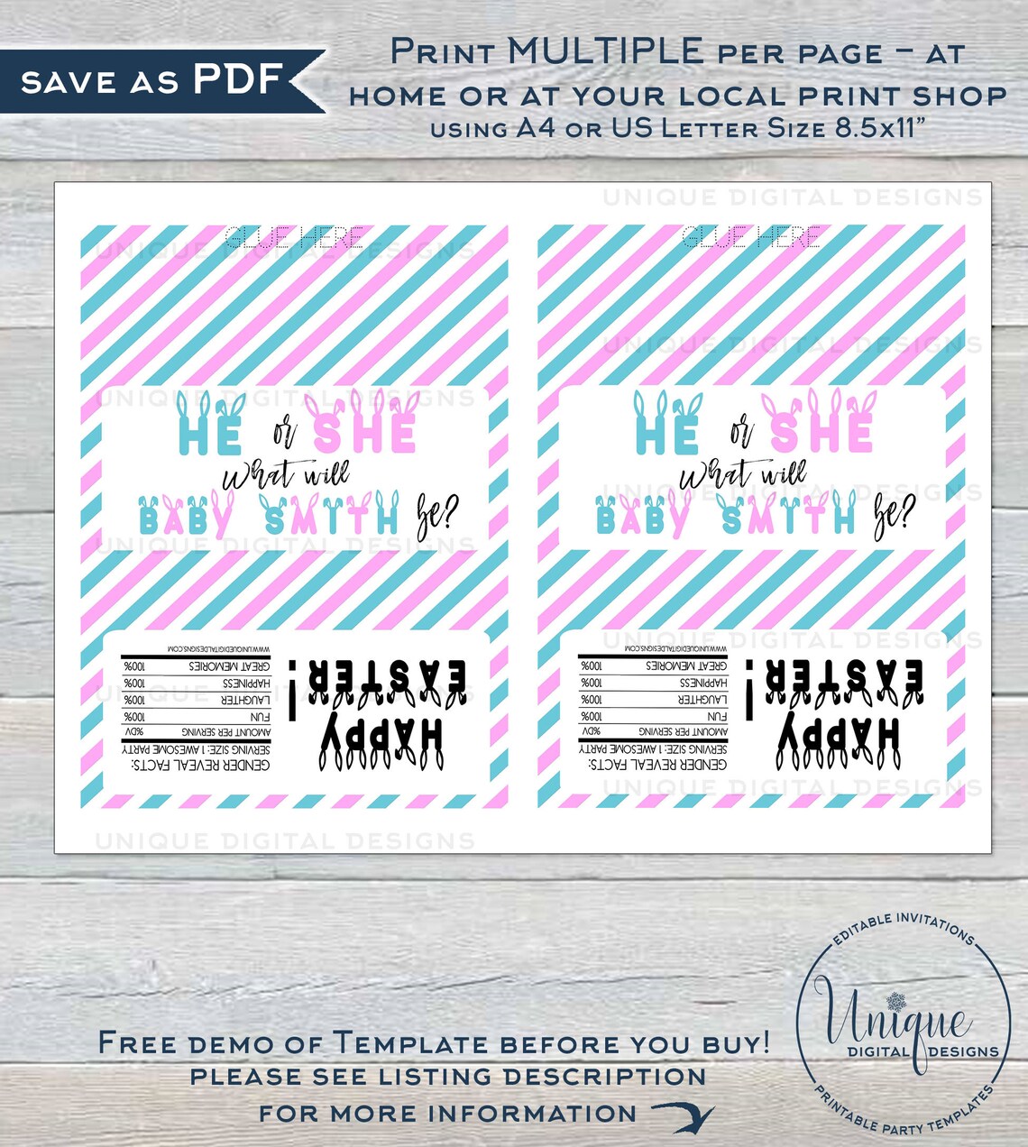 He or She Gender Reveal Candy Bar Wrapper Editable Chocolate | Etsy