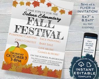 Fall Festival POSTER, Editable Fall Harvest Invitation, Printable Halloween Invitation, Community Church School Flyer INSTANT ACCESS 24x36