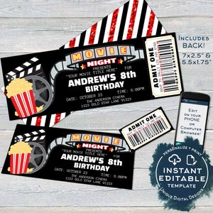 Movie Night Invitation, Movie Birthday Party Invite, Cinema Editable Movie Night Ticket Invites, Custom Printable Template INSTANT ACCESS