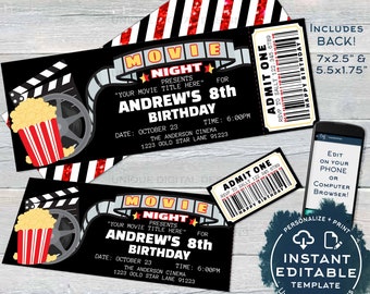 Movie Night Invitation, Movie Birthday Party Invite, Cinema Editable Movie Night Ticket Invites, Custom Printable Template INSTANT ACCESS