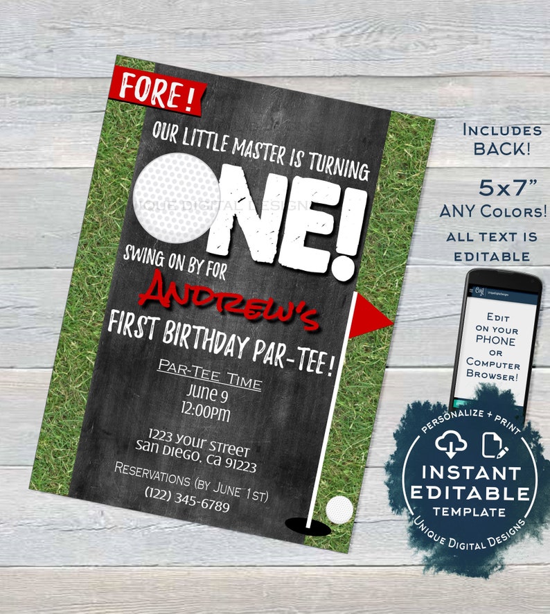Golf First Birthday Party Invitation Editable Hole in One - Etsy España