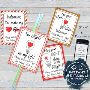 Tarjeta de San Valentín, etiquetas de favor de Glow Stick, aula de tarjetas de San Valentín editables para niños, plantilla imprimible del día de San Valentín iluminada ACCESO INSTANTÁNEO