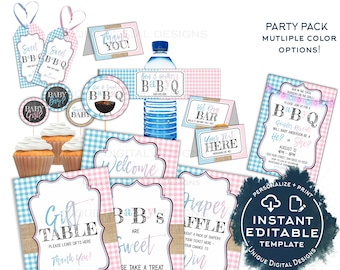 Editable Baby Q Gender Reveal Decorations Package, He or She BBQ, Pink or Blue Baby Shower Party, Gingham Printable Personalized INSTANT