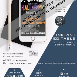 May include: A smartphone displays a Halloween birthday party invitation with a haunted house graphic. The invitation is customizable and editable, with instructions to edit and send via smartphone. A pencil and black card are in the image.