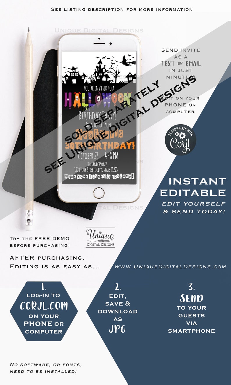 May include: A smartphone displays a Halloween birthday party invitation with a haunted house graphic. The invitation is customizable and editable, with instructions to edit and send via smartphone. A pencil and black card are in the image.