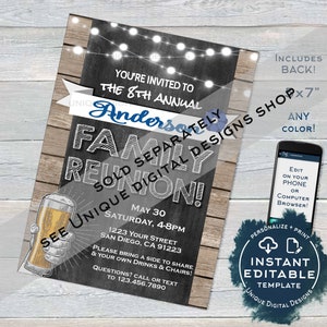 May include: A chalkboard style invitation for an 8th annual Anderson family reunion. The invitation is decorated with string lights and a beer mug graphic. The text reads "You're invited to the 8th Annual Anderson Family Reunion!"  The date is May 30th, the time is 4-8pm, and the location is 1223 Your Street, San Diego, CA 91223. The invitation also includes the text "See Unique Digital Designs Shop" and "Instant Editable Template".