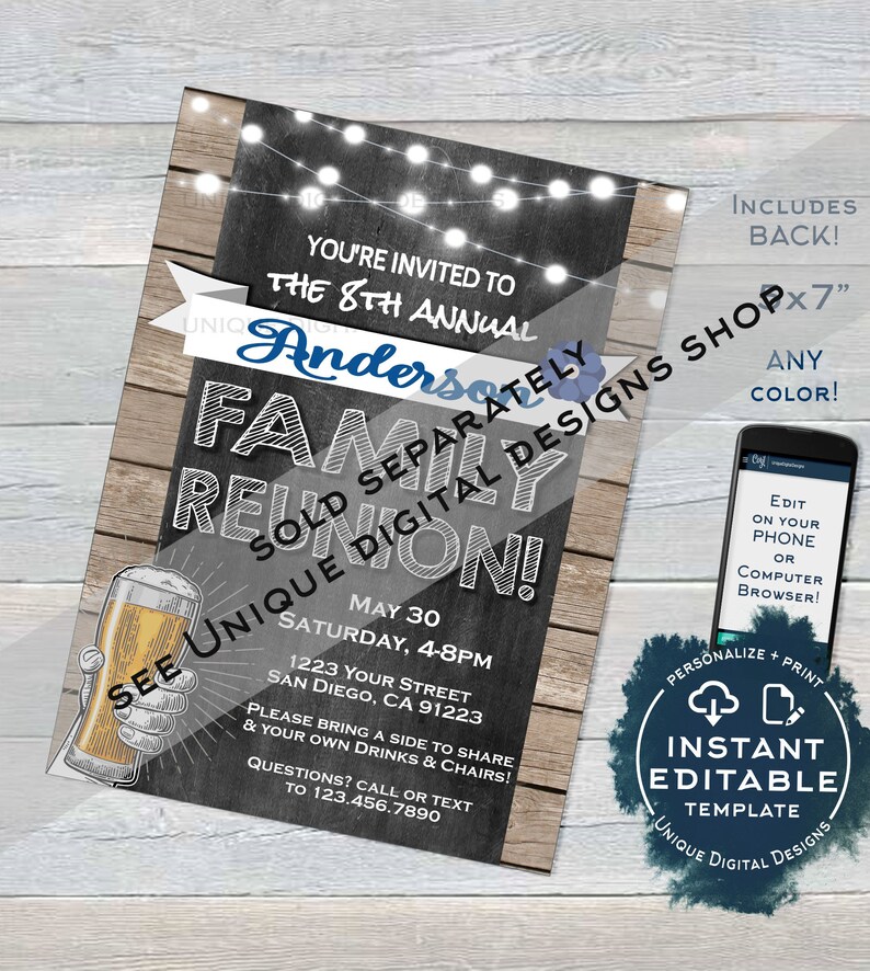 May include: A chalkboard style invitation for an 8th annual Anderson family reunion. The invitation is decorated with string lights and a beer mug graphic. The text reads "You're invited to the 8th Annual Anderson Family Reunion!"  The date is May 30th, the time is 4-8pm, and the location is 1223 Your Street, San Diego, CA 91223. The invitation also includes the text "See Unique Digital Designs Shop" and "Instant Editable Template".