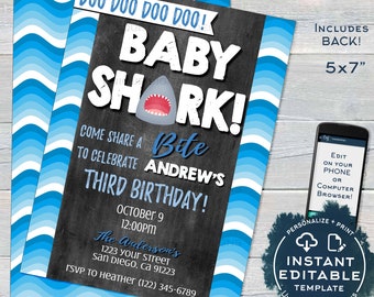 Baby Shark Birthday Invitation, Editable Boy Baby Shark doo doo doo, Shark Bite Invite Shark Week Party Printable Template INSTANT ACCESS