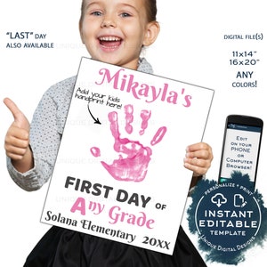 Editable Back to School Photo Prop, 1st Day Back to School Poster, Grow with Me Personalized Hand print School Sign Any Grade INSTANT ACCESS