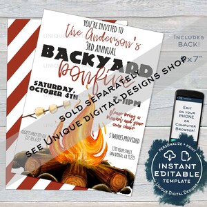 May include: A digital invitation for a backyard bonfire, featuring a watercolor illustration of a campfire with logs and flames. The invitation includes event details, date, time, and location, with a design that is 5x7 inches.