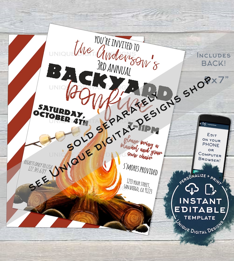 May include: A digital invitation for a backyard bonfire, featuring a watercolor illustration of a campfire with logs and flames. The invitation includes event details, date, time, and location, with a design that is 5x7 inches.