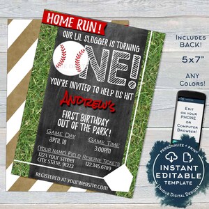 Baseball Birthday Invitation, Editable First Birthday Invite, One Home Run 1st Grand Slam, Template Custom Chalk Printable INSTANT ACCESS