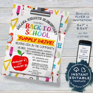 Flyer de collecte de fournitures scolaires, invitation modifiable à un don pour les écoles, flyer imprimable PTA Pto, collecte de fonds pour la rentrée, bricolage numérique ACCÈS INSTANTANÉ