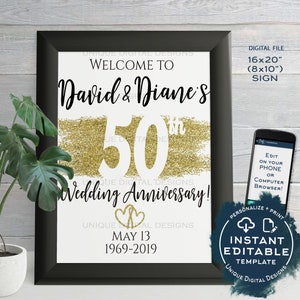50th Anniversary Welcome Sign, ANY Year, Editable Wedding Anniversary Sign Decoration Gold Glitter Printable Template INSTANT ACCESS 16x20