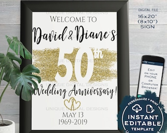 50th Anniversary Welcome Sign, ANY Year, Editable Wedding Anniversary Sign Decoration Gold Glitter Printable Template INSTANT ACCESS 16x20