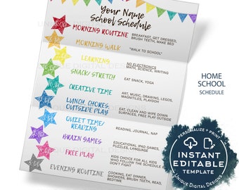 Editable Home School Schedule for Kids, Daily Homeschool Planner, Printable Chart, Rainbow Routine, Parent Teacher Resources INSTANT ACCESS