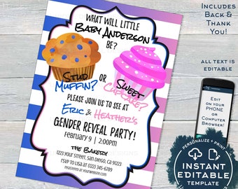 Editable Gender Reveal Invitation, Stud Muffin or Sweet Cupcake Baby Shower Invite ,He or She Reveal Printable Template diy INSTANT ACCESS